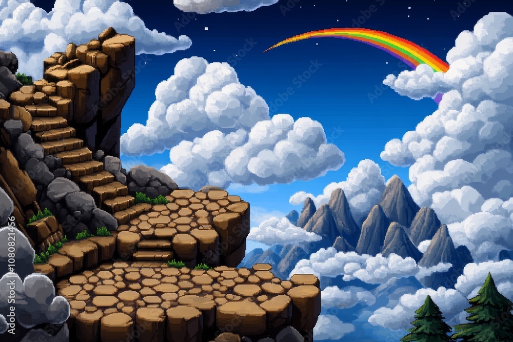 Aufkleber pixel art rainbow arching over pixelated mountains and clouds, with retro 8-bit style and bright col