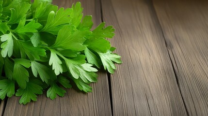 Fresh green parsley is artistically laid on a rustic wooden table, perfect for culinary or lifestyle imagery, enhancing food-related content and recipes,