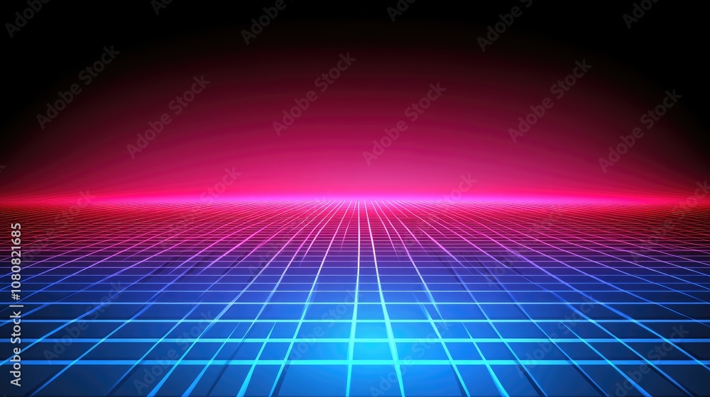 Poster vibrant retro futuristic landscape with neon grid and gradient background ideal for technology and s