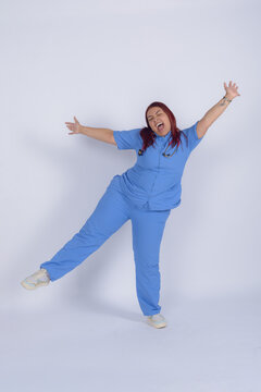Vertical image for social media of medicine, female doctor celebrating