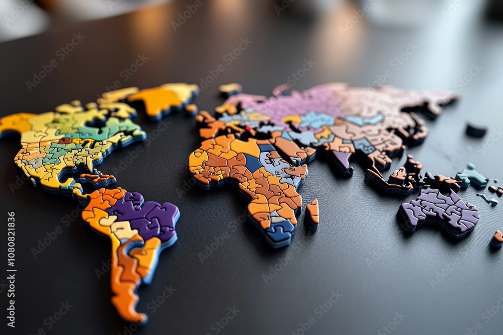 Poster puzzle pieces creating a world map on a table, showing continents in varied colors and shapes
