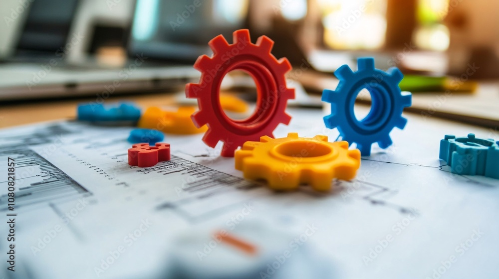 Poster colorful gears representing business processes and teamwork on financial reports