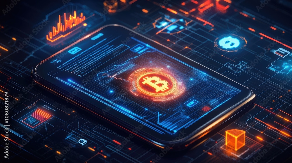 Poster futuristic mobile interface displaying cryptocurrency transactions and blockchain data visualization