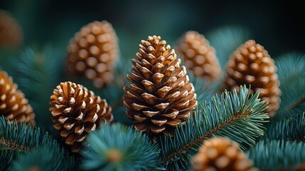 Fototapeta premium Close-up of pine cones on evergreen branches in a forest setting