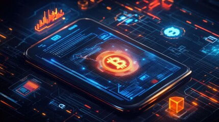 Obraz premium Futuristic Mobile Interface Displaying Cryptocurrency Transactions and Blockchain Data Visualizations with Bitcoin Icon on Digital Screen