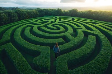 Woman walking in a large green maze on a sunny day