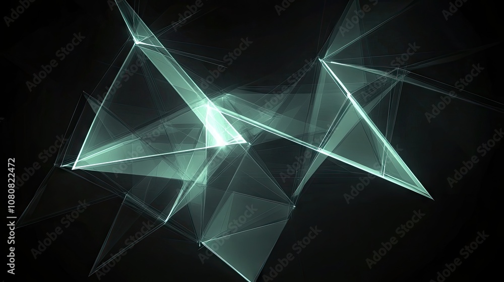 Poster abstract geometric shapes with transparent triangles and light reflections on a dark background for 