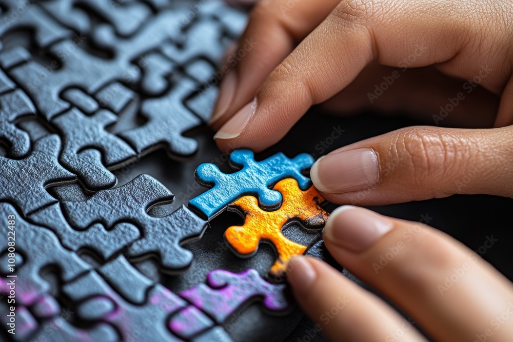 Poster realistic close-up of hands fitting a puzzle piece into a complex jigsaw, showing intricate textures