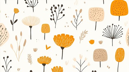 Vibrant Floral Pattern Design Featuring Yellow and Orange Flowers with Abstract Shapes on a Light Background, Perfect for Home Decor and Graphic Projects