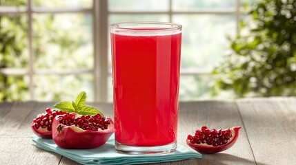 Refreshing Red Pomegranate Juice in a Glass with Fresh Pomegranate Fruits on a Wooden Table Surrounded by Lush Greenery and Natural Light