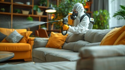 Fototapeta premium A dedicated sanitation expert is meticulously spraying disinfectant around a cozy living room filled with colorful cushions and greenery to enhance safety