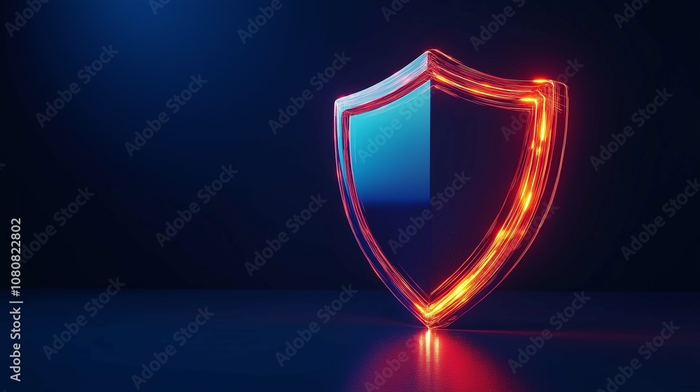 Poster glowing shield icon in dark background representing protection, security and safety concept, 3d rend