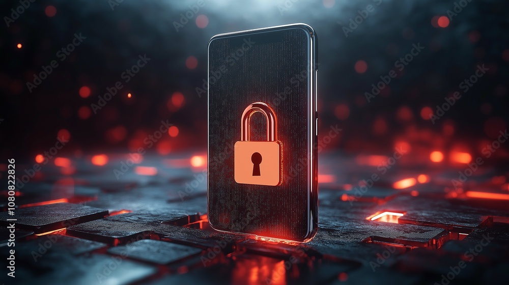 Poster modern smartphone illustration featuring a glowing padlock, symbolizing cybersecurity and data prote