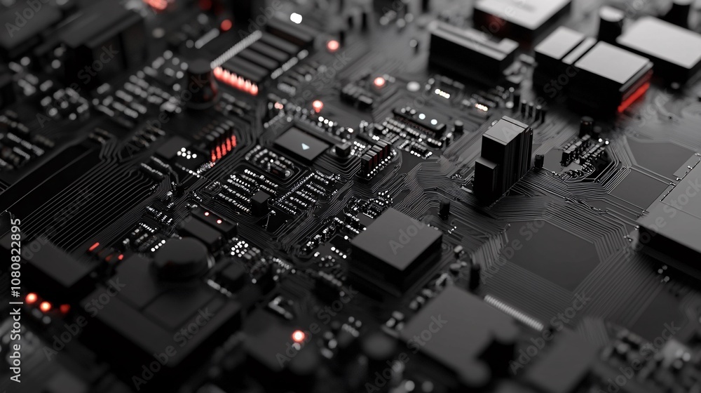 Poster Futuristic circuit board pulsing with red lights in a technological marvel