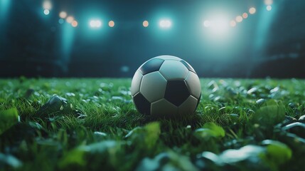 Fototapeta premium Close-Up of a Classic Black and White Soccer Ball on Lush Green Grass Under Dramatic Lights in a Stadium Setting at Nighttime