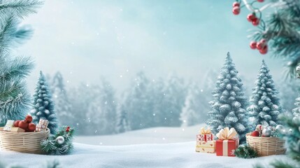 Obraz premium Christmas Sale with Snowy Trees and Gift Baskets
