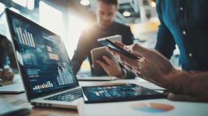 Two businessmen having a discussion, working on laptop computer, using digital tablet and mobile phone during meeting at office. Business planning and solution, working together concept