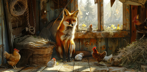 A curious fox sits quietly in a sunlit barn, watching a group of chickens pecking around amidst cozy farm elements and warm, inviting light