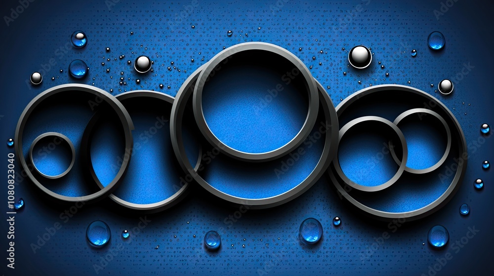 Poster abstract design featuring circular shapes with water droplets on a textured blue background for mode