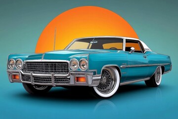 Retro poster-style illustration of a classic car with muted colors and bold typography, 1970s aesthetic