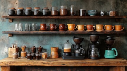 Coffee setup with jars, cups, and brewing equipment on display.