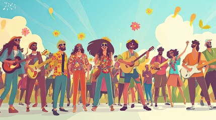 Fototapeta premium A group of people, some with guitars, wearing colorful clothing and sunglasses, smiling and standing under a blue sky with flowers and clouds.