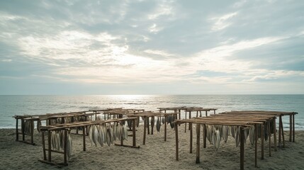 Fototapeta premium Fish drying on wooden frames set up along a quiet beach, clouds drifting over the ocean