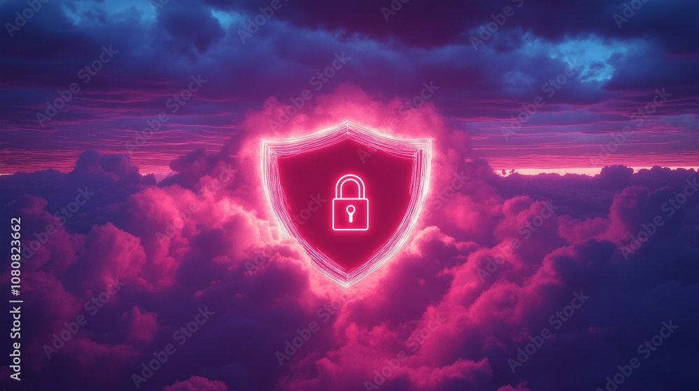 Poster abstract representation of digital security concept in futuristic pink tones with a shield and padlo