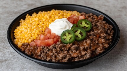 Delicious Bowl of Seasoned Ground Beef, Cheddar Corn, Fresh Tomato, Sour Cream, and Sliced Jalapeños Perfect for a Hearty Meal or Snack