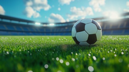 Fototapeta premium A Close-Up View of a Black and White Soccer Ball Resting on a Lush Green Field Under a Clear Blue Sky with Bright Sunlight Illuminating a Stadium in the Background