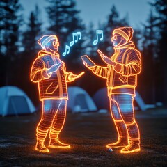 Holographic Christmas carolers at a camping ground, singing to virtual notes floating in the air, Futuristic, Neon accents, Hightech style