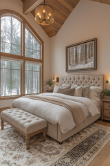 Fototapeta premium chambres à coucher, lit douillet, intérieur 3D réaliste, décoration, tendance, architecte, design, mode, chaleureux, confortable, naturel, cocooning, zen, douceur, blanc, beige, lin, épuré, fourrure