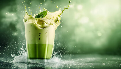 Creative food template. Close up Topping of matcha green tea glass of milk milkshake yoghurt smoothie with liquid droplet splash splashing swirl on smoky background. copy text space