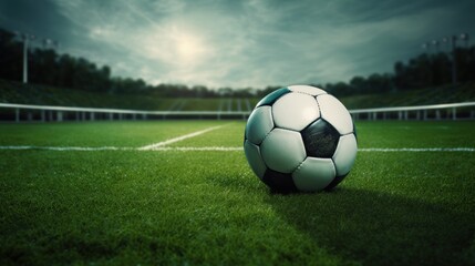 Classic soccer ball, typical black and white pattern, placed on the white marking line of the stadium turf. Traditional football ball on the green grass lawn with copy space