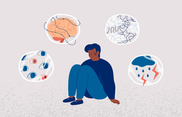 Alzheimer's Disease. African american young man surrounded by symptoms of Dementia: concentration issues, brain fog, depression, hallucination. Alzheimer's Disease awareness concept. Vector