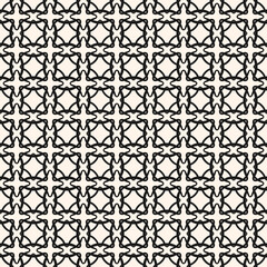 Abstract monochrome geometric seamless pattern. Vector ornamental background with curved lines, mesh, lattice, grid, net, squares, rhombuses. Black and white simple texture. Repeated modern design