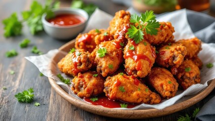 Fototapeta premium Golden, crispy fried chicken wings with a glossy, spicy sauce dripping down, garnished with fresh green parsley. The background is clean with ample copy space