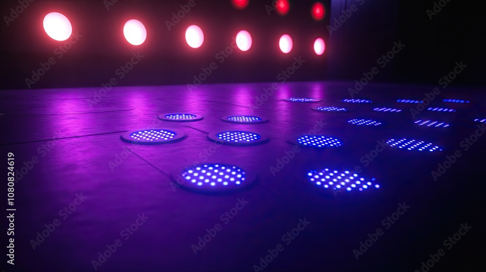 Poster vibrant atmospheric lighting with colorful led panels and textured floor surface creating an engagin