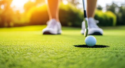 man playing golf, putting a ball into a hole on a green grass field