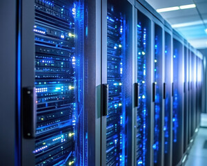 futuristic server room filled with high tech servers and blue lights, showcasing advanced technology and sleek design. atmosphere is modern and efficient