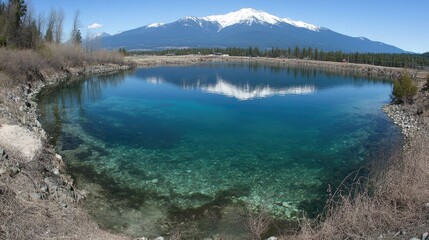 Serene Mountain Reflection in Crystal Clear Lake Surrounded by Lush Vegetation and Rocky Shoreline Under a Bright Blue Sky