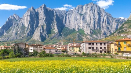 Fototapeta premium Scenic view of majestic mountains towering over a picturesque village with vibrant yellow flowers in the foreground under a clear blue sky in a tranquil countryside setting.