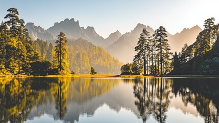 Serene Mountain Landscape with Reflective Lake Surrounded by Lush Green Trees and Majestic Peaks Under a Clear Blue Sky at Sunset