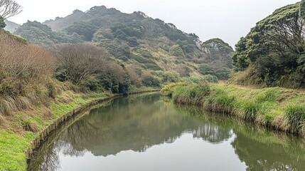 Fototapeta premium Serene Landscape of a Calm River Surrounded by Lush Greenery and Hills in a Misty Atmosphere Reflecting Nature's Tranquility and Peacefulness