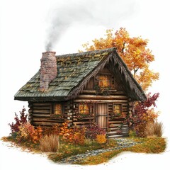 A cozy log cabin with a smoking chimney in autumn.