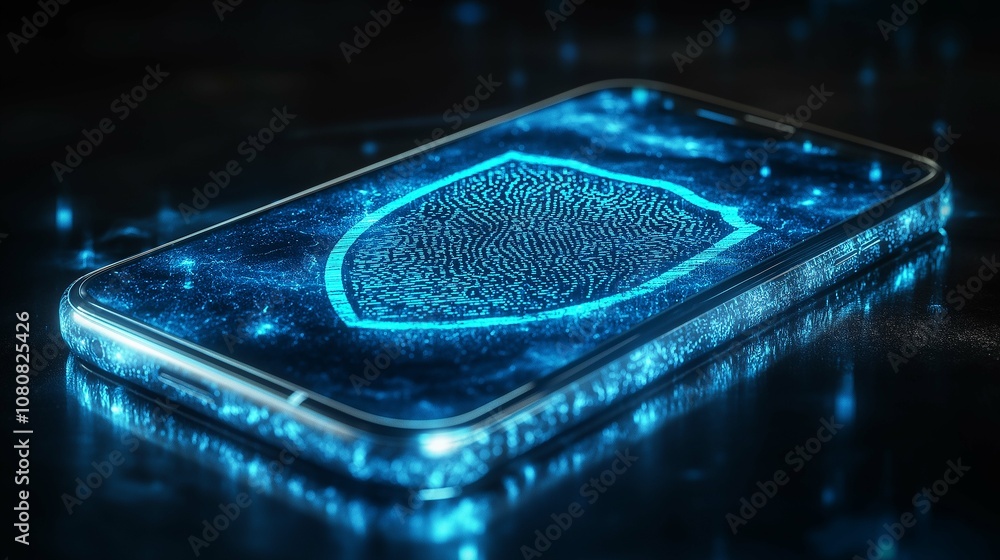 Poster futuristic smartphone illustration with digital shield and fingerprint security technology on abstra