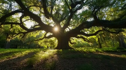 Obraz premium Sunbeams Through the Branches of a Large Oak Tree