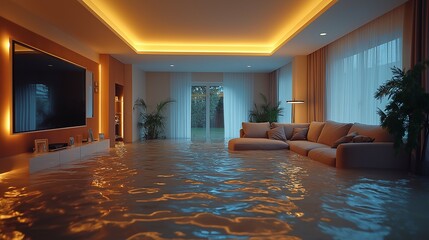Modern living room flooded with water at twilight, showcasing orange accent walls, large windows, elegant sofa, warm lighting, and serene atmosphere of unexpected indoor flooding