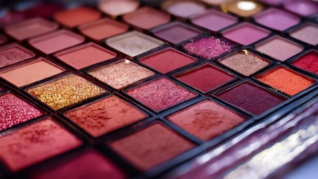 Makeup artist's palette with a variety of pink, red, and orange eyeshadows. The palette is open and the colors are vibrant and shimmery