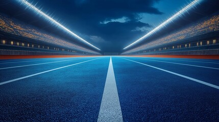 Empty Athletic Track Under Twilight Sky with Illuminated Stadium Lights and Dramatic Cloud Formation in a Sports Venue Setting